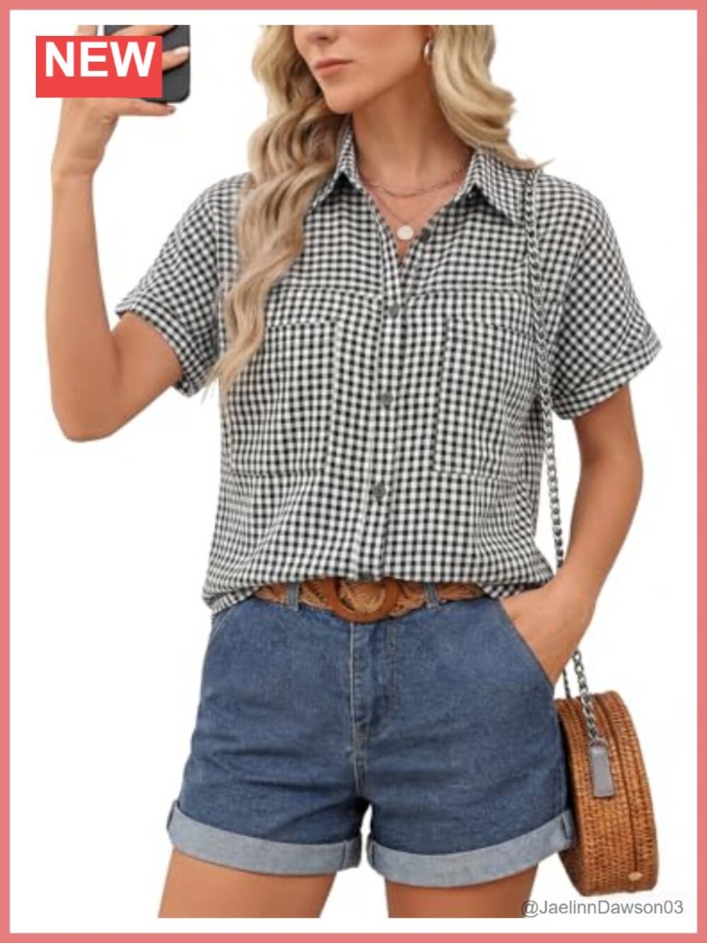 Womens Button Down Shirt Short Sleeve Gingham Blouse with Pockets